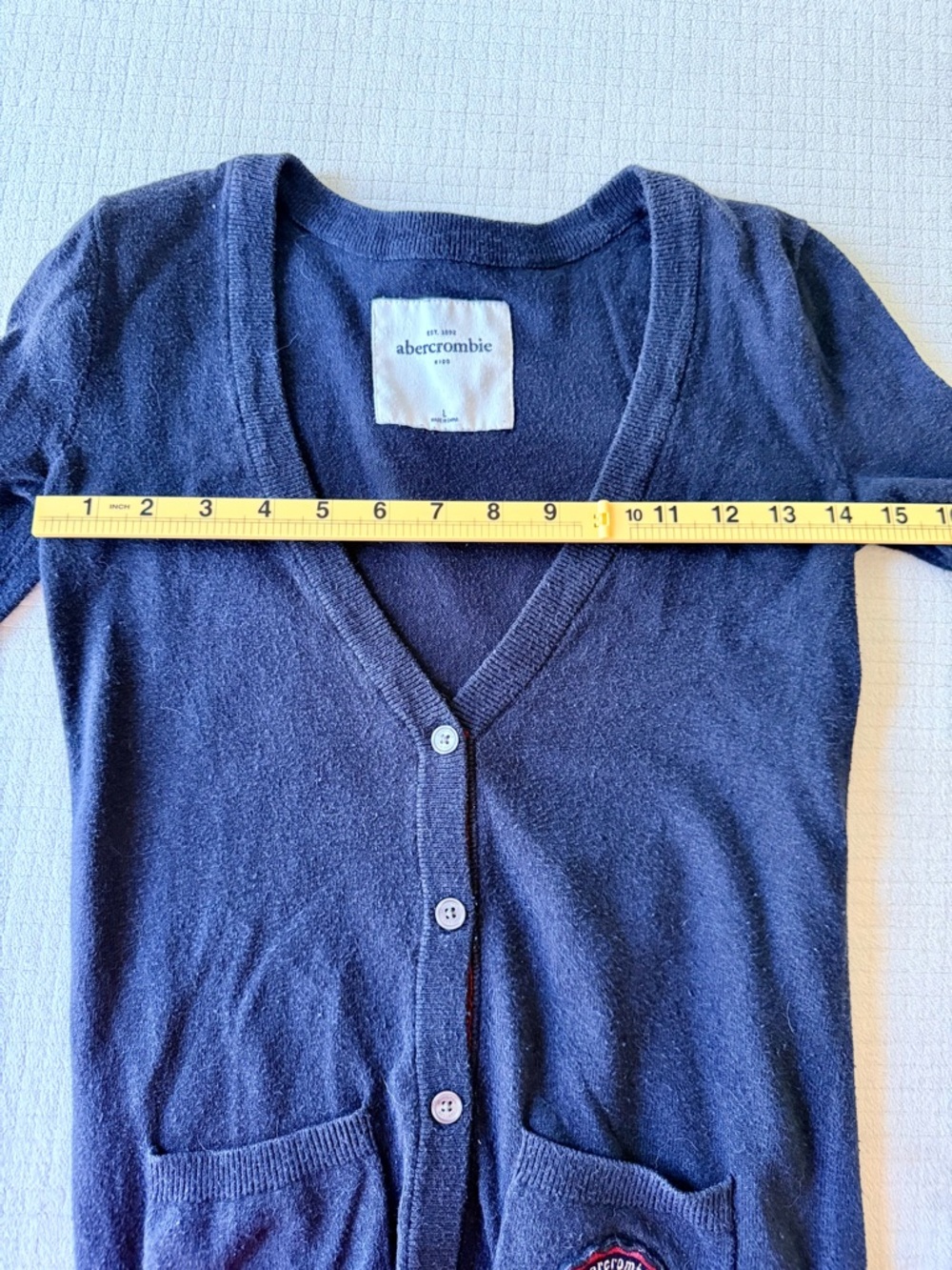 Abercrombie Kids Navy Cardigan Sweater Crest Patch Button Front Preppy Size L - Picture 6 of 7